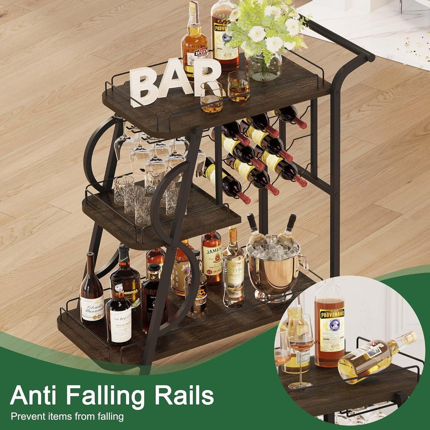 Rustic Bar Cart, 3 Tier Rolling Bar Carts for the Home, Industrial Home Serving Cart with Wine Glass Holder, Wood Metal Liquor Trolley, Mobile Beverage and Drink Carts (Walnut Brown)
