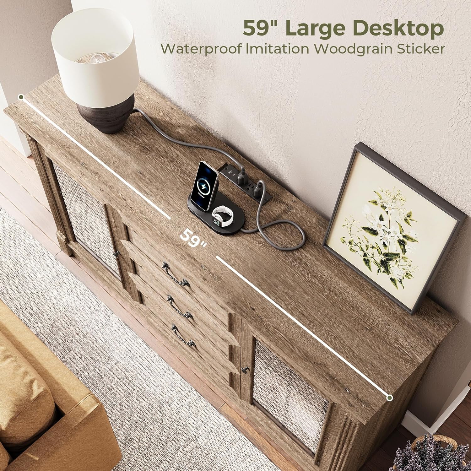 Farmhouse TV Stand for 65 Inch TV with Outlets, 59" Entertainment Center with 3 Drawers and 2 Storage Cabinet, Glass Doors and Adjustable Shelf, Console Tables for Living Room, Light Rustic Oak