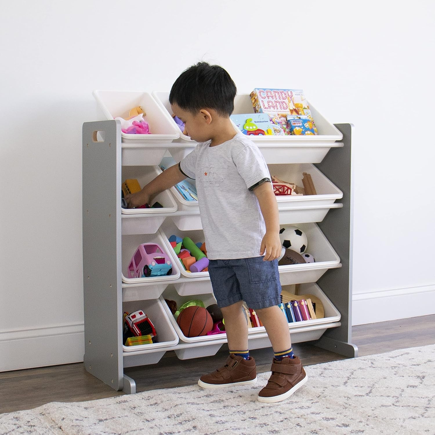 Kids Toy Storage Organizer with 12 Plastic Bins, Grey/White – Removable Bins for Playroom, Bedroom, Toddler Furniture for Boys and Girls Ages