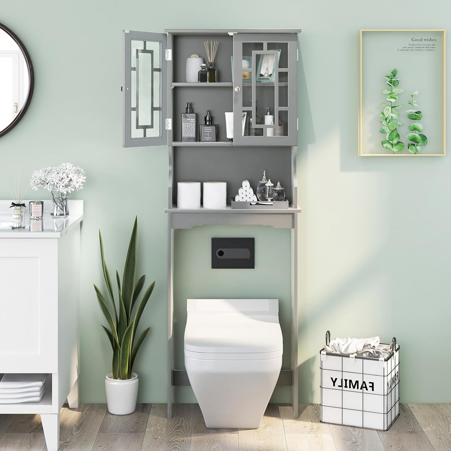 over the Toilet Storage Cabinet, Bathroom Shelf over Toilet, Double Door Bathroom Storage Cabinet Organizer with Adjustable Shelf, Open Shelf (Grey)