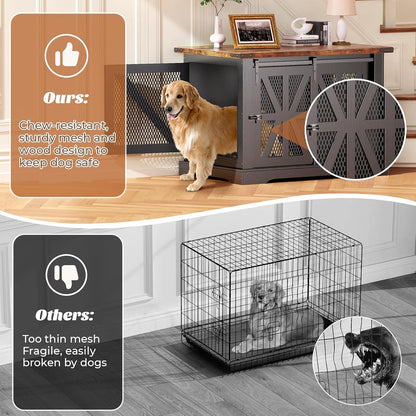 40" Farmhouse Dog Crate Furniture, Heavy Duty Dog Cage for Medium Large Dogs, Wood Dog Crate Dog Kennel Indoor with Double Doors, Chew Resistant End Table for Bedroom Living Room, Black
