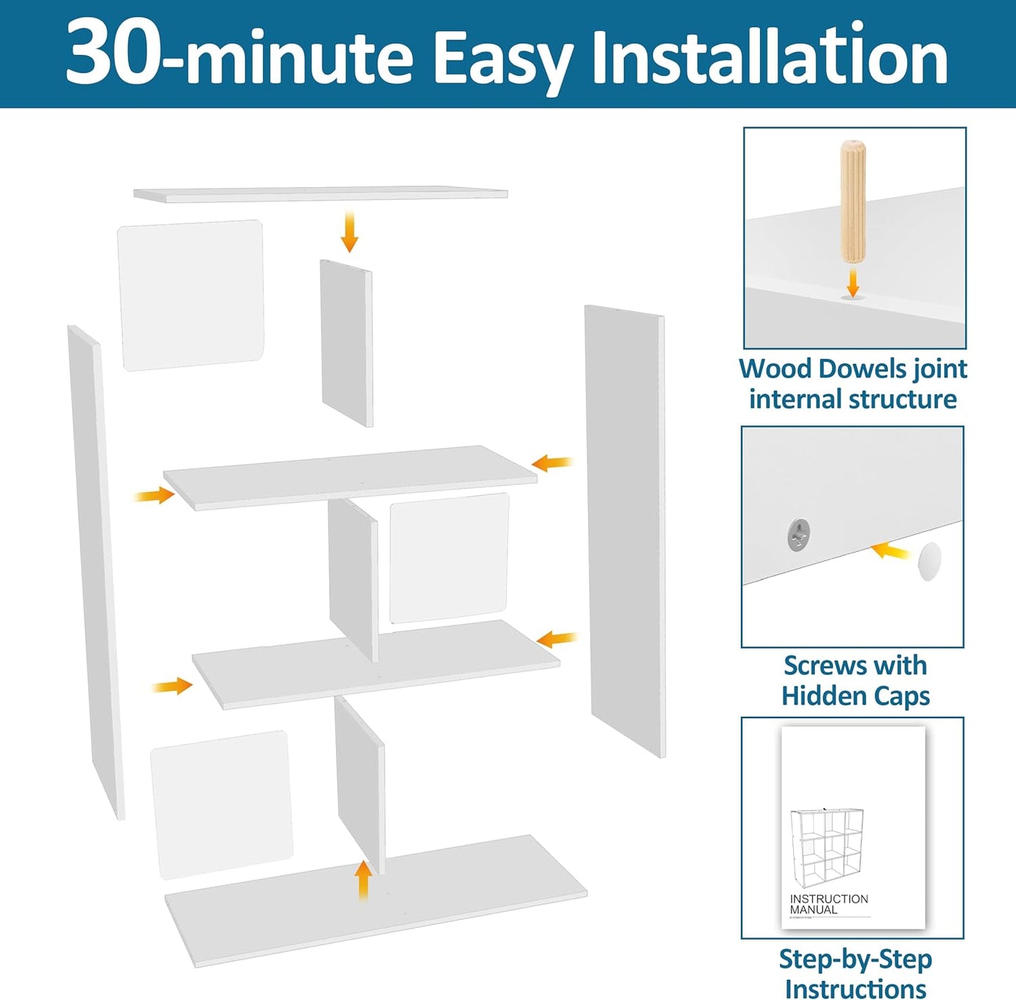 Stackable 6 Cube Storage Organizer: Wood Cubes Shelf Fits Cubby Bins - Square Cubicle Bookshelf Cabinet for Closet Bedroom - Open Storage Shelf for Toy Clothes Book Organization, White