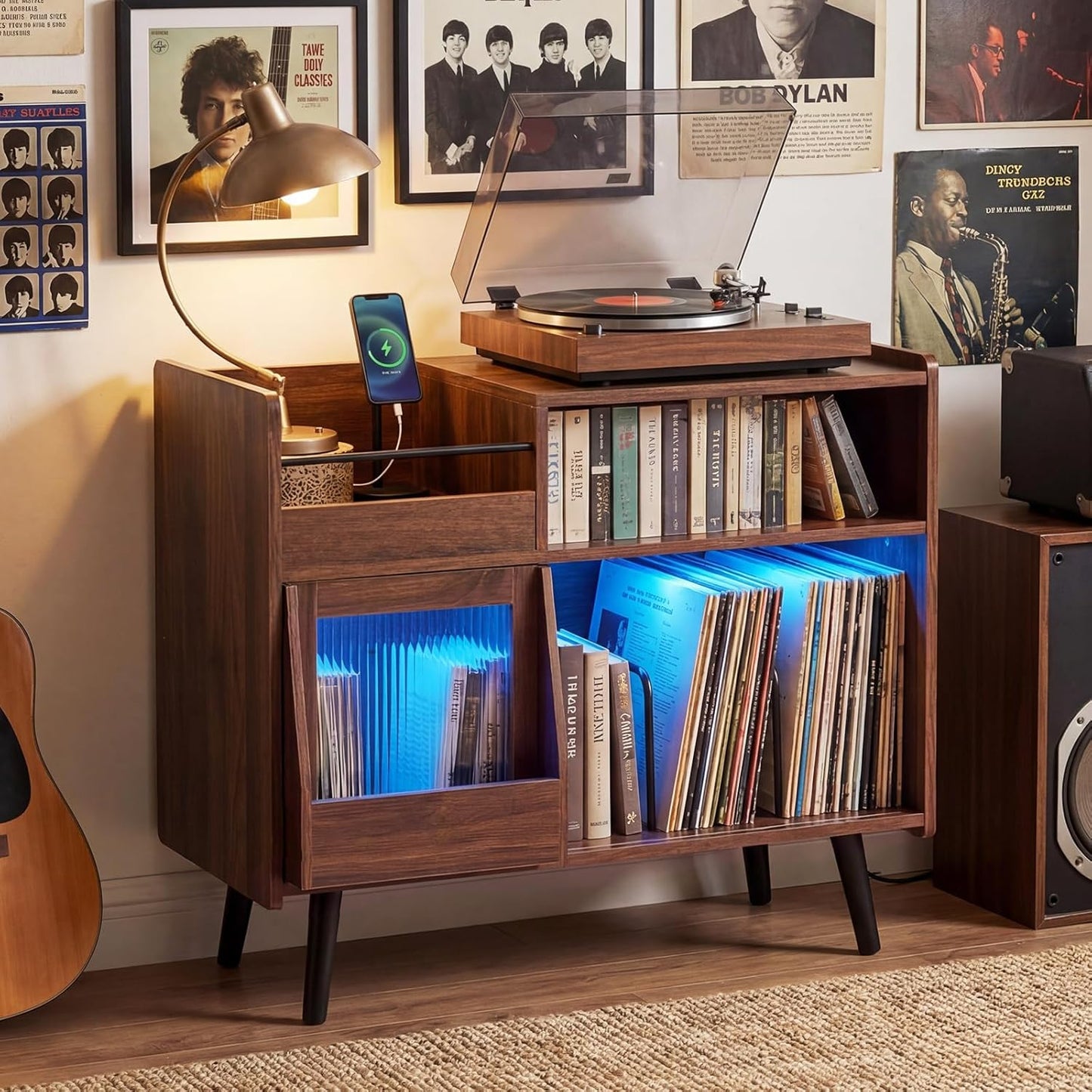 Large Record Player Stand with LED Light, Mid Century Modern Turntable Stand W/Sliding Door, Charging Station & Solid Wood Leg, Record Player Table, Vinyl Record Storage for Living Room, Brown