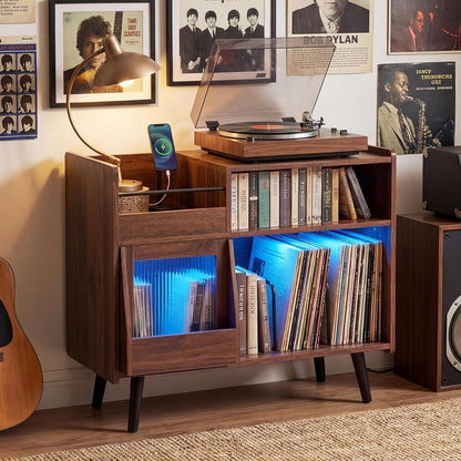 Large Record Player Stand with LED Light, Mid Century Modern Turntable Stand W/Sliding Door, Charging Station & Solid Wood Leg, Record Player Table, Vinyl Record Storage for Living Room, Brown