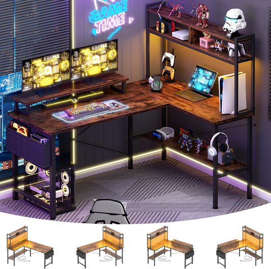L Shaped Gaming Desk with Power Outlets & LED Lights, Small L-Shaped Desk Computer Corner Desk with Monitor Stand & Storage Shelf, Home Office Desk Writing Desk with Storage Bag, Rustic Brown