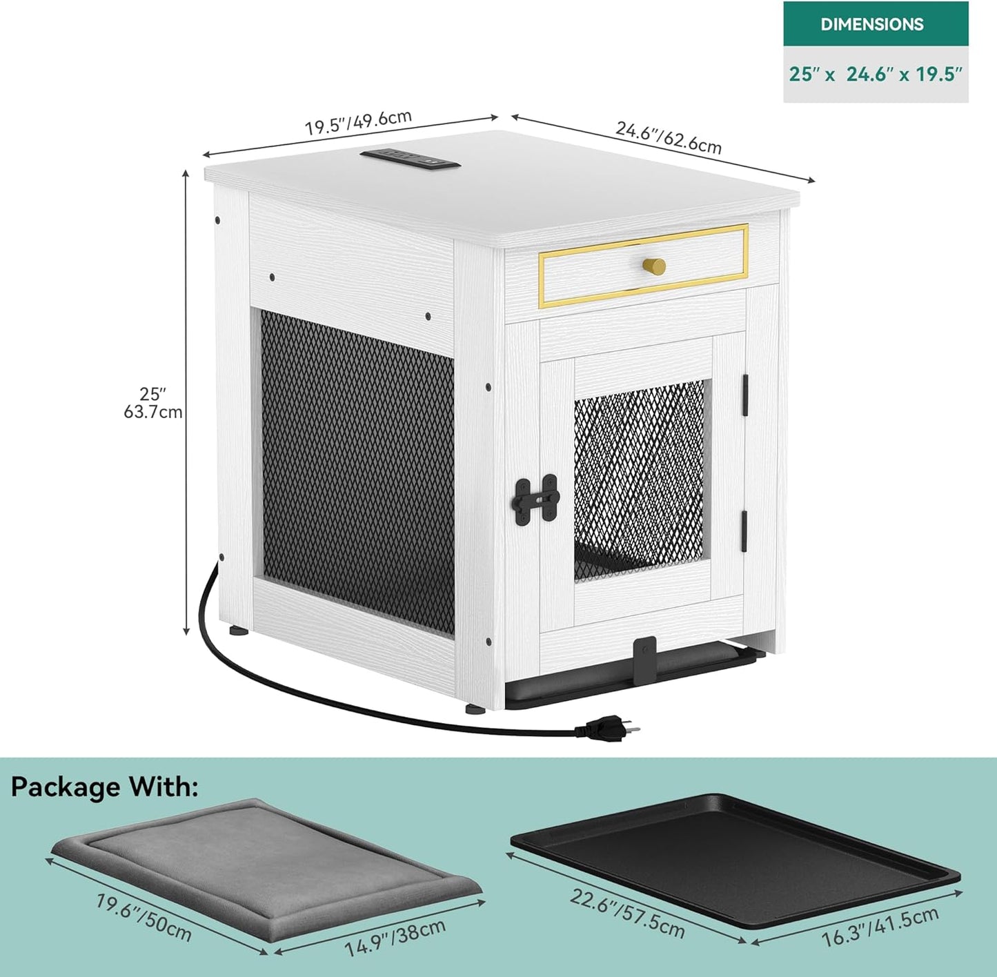 Dog Kennel Furniture with Dual USB Charger, Dog Crate End Table with Tray, Wooden Dog Crate Furniture with Cushion for Small Dogs, White