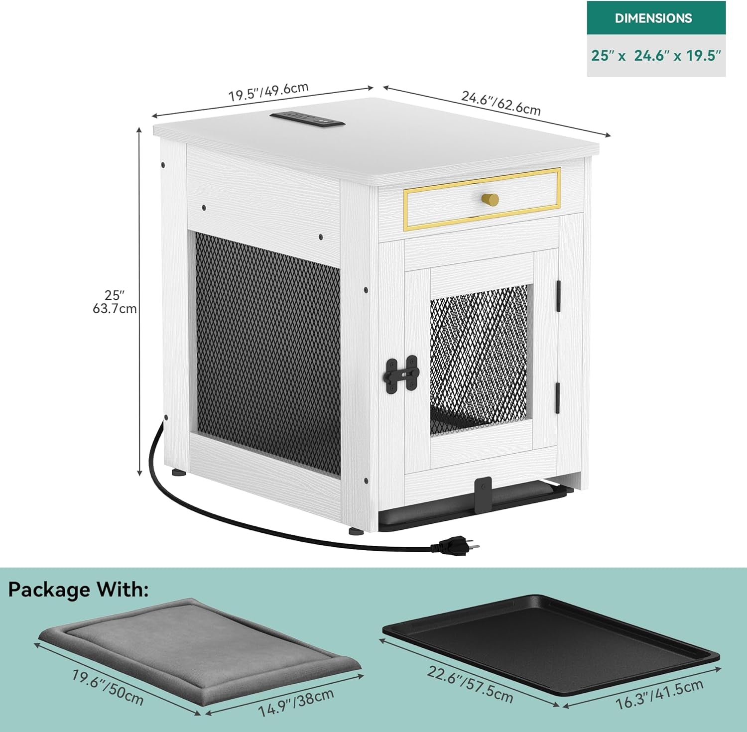 Dog Kennel Furniture with Dual USB Charger, Dog Crate End Table with Tray, Wooden Dog Crate Furniture with Cushion for Small Dogs, White