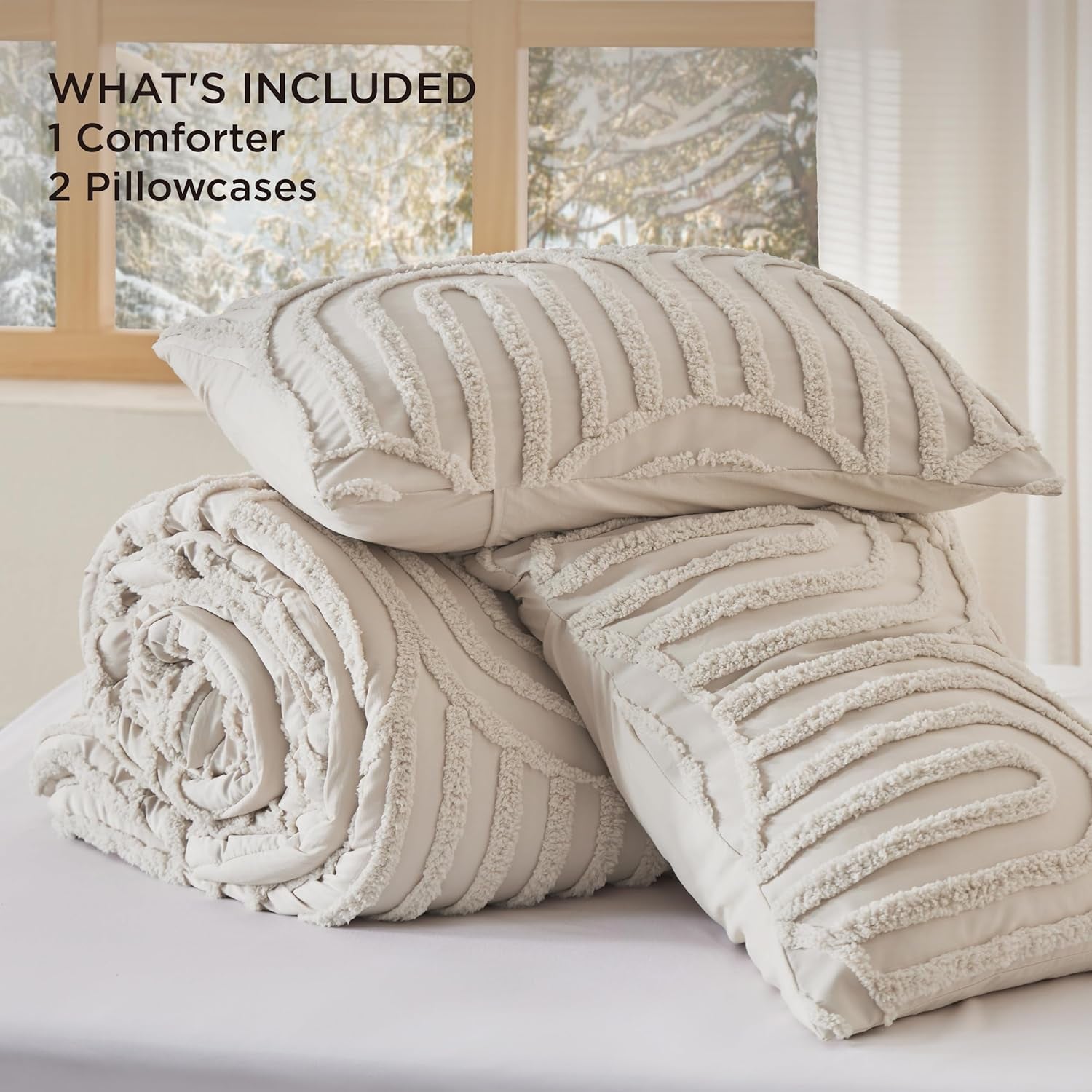 Boho Tufted Queen Comforter Set - Beige Boho Bedding Comforter Sets, 3 Pieces Farmhouse Shabby Chic Embroidery Bed Set, Soft Fluffy Cozy Arch Pattern Comforter for All Seasons