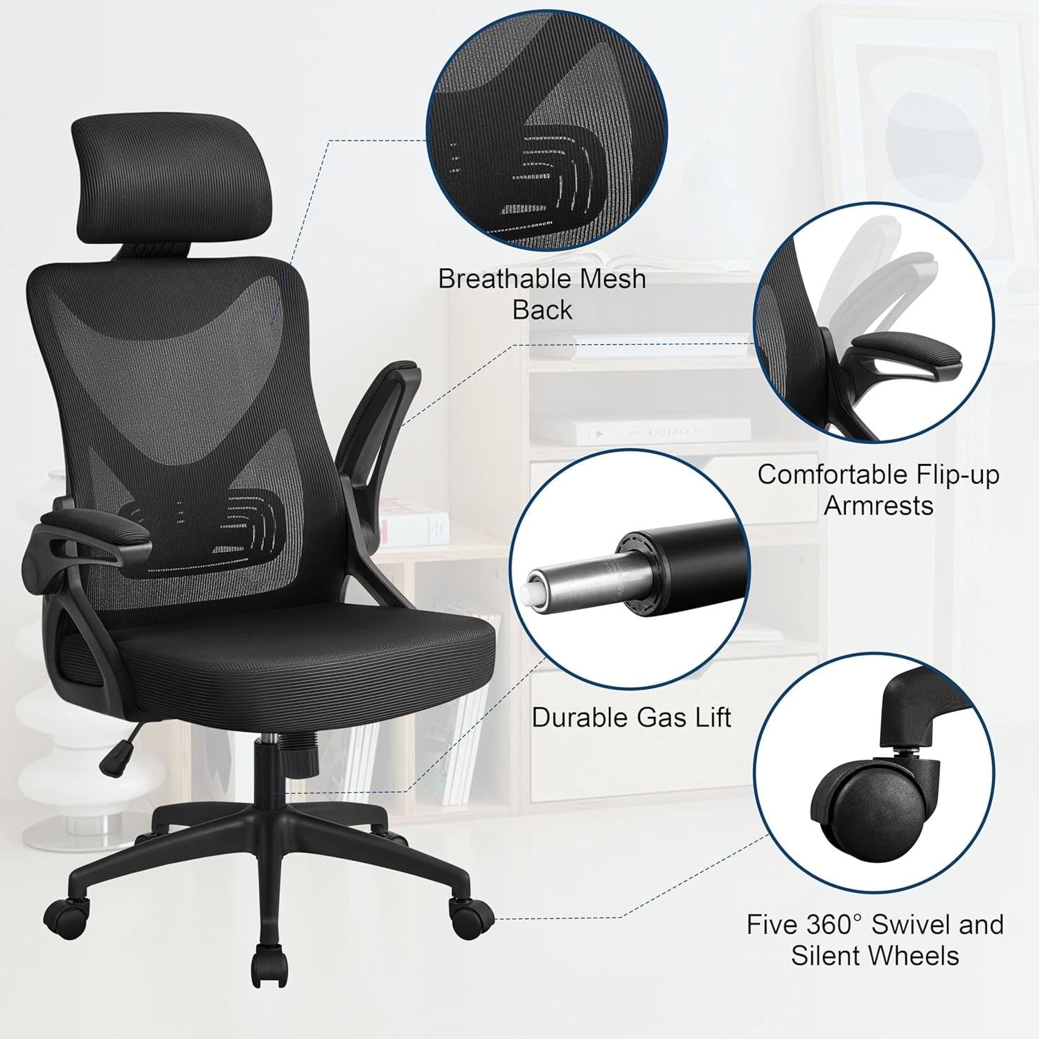Ergonomic Office Chair, High Back Desk Chair with Headrest and Flip-Up Armrest Lumbar Support for Home Office Meeting Room Study, Black