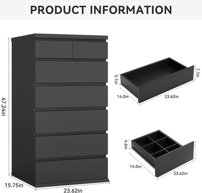 Black Tall 7 Drawer Dresser for Bedroom, Modern Wood Closet Dressers & Chests of Drawers with Jewelry Storage, 23.6" L*15.8" W*47.5" H in Large Vertical Dresser for Bedroom, Living Room, Nursery