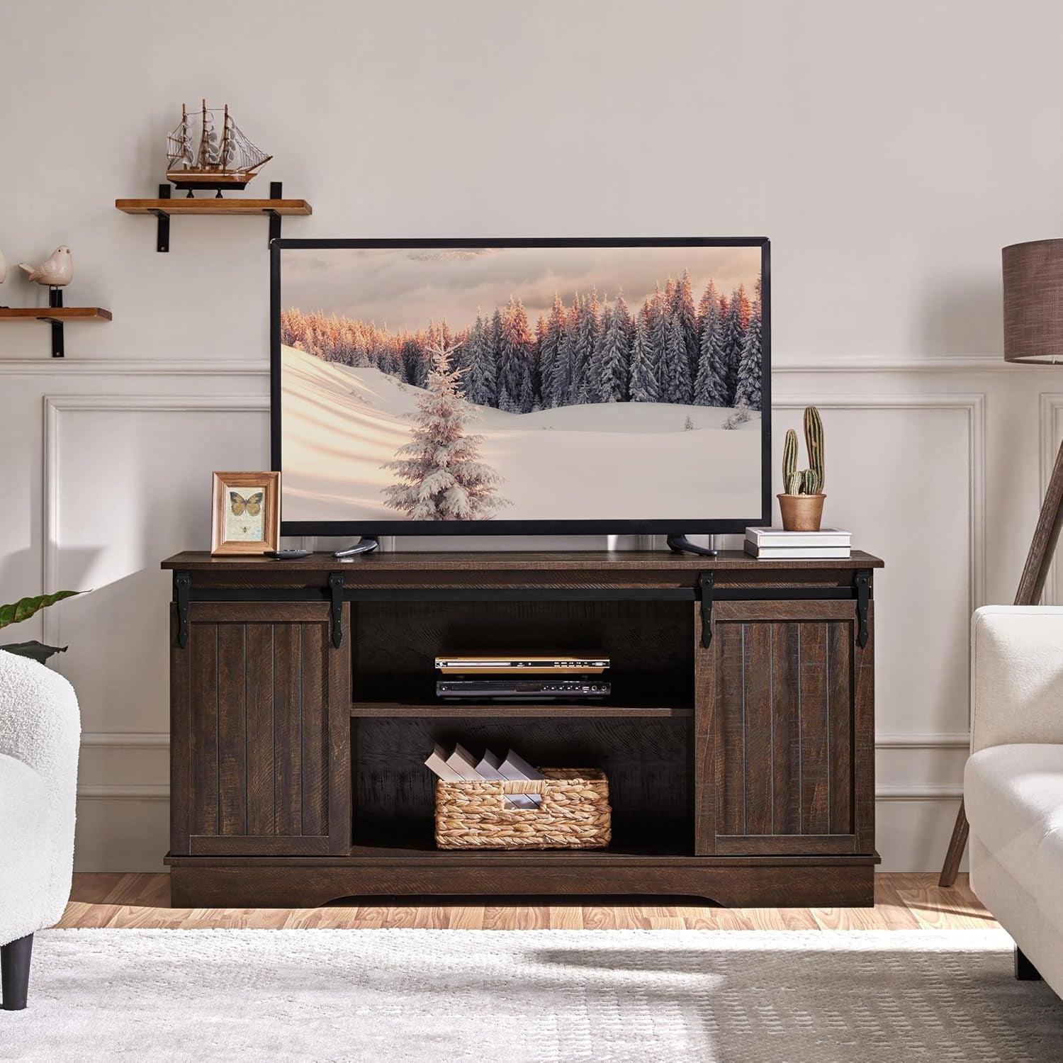 TV Stand for Tvs up to 65 Inch, Farmhouse Media Entertainment Center, 58'' TV Console Table with Adjustable Shelves & Sliding Barn Doors for Living Room, Dark Walnut