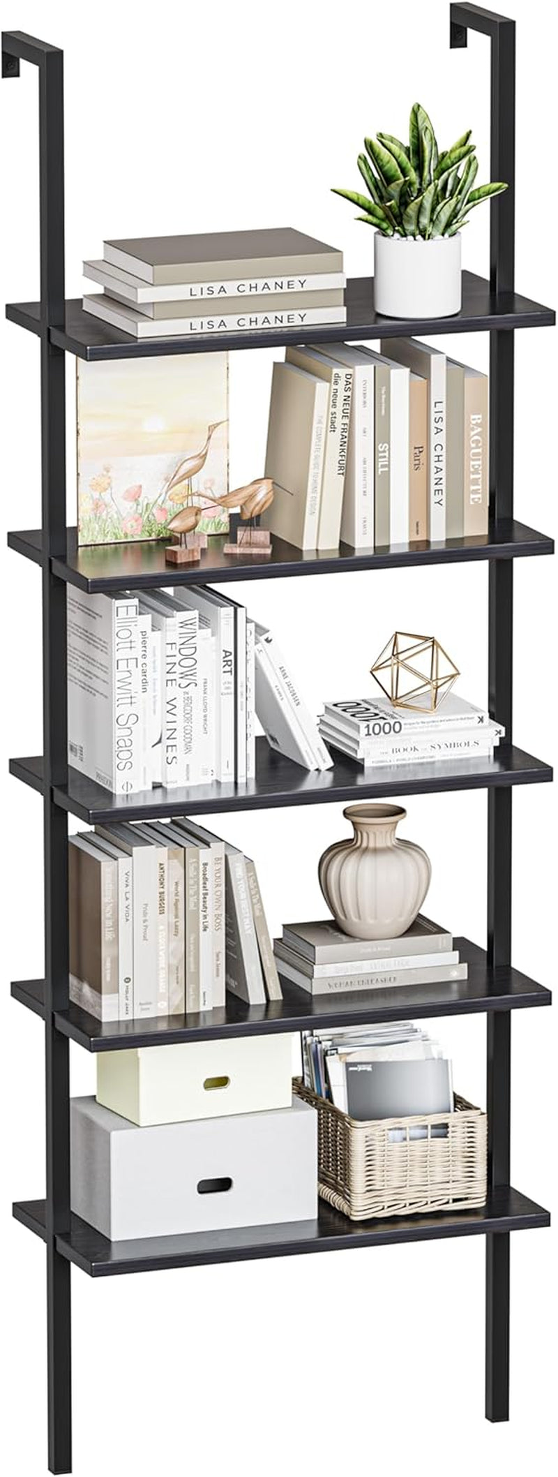 5-Tier Bookshelf, Wall Mount Ladder Shelf with Wood Board and Industrial Metal Frame, for Home Office, Living Room, Bedroom, Entryway and Hallway, (1, Black)