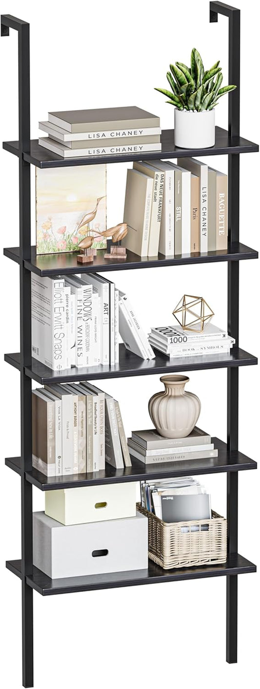 5-Tier Bookshelf, Wall Mount Ladder Shelf with Wood Board and Industrial Metal Frame, for Home Office, Living Room, Bedroom, Entryway and Hallway, (1, Black)