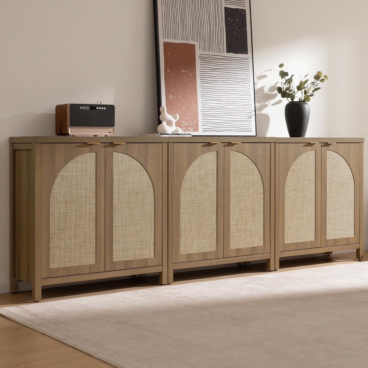 68" W Rattan Sideboard Buffet Cabinet with Storage Set of 2, Mid Century Modern Credenza with Arch Doors & Shelves Farmhouse Coffee Bar Media Console Cabinets for Living Room, Entryway