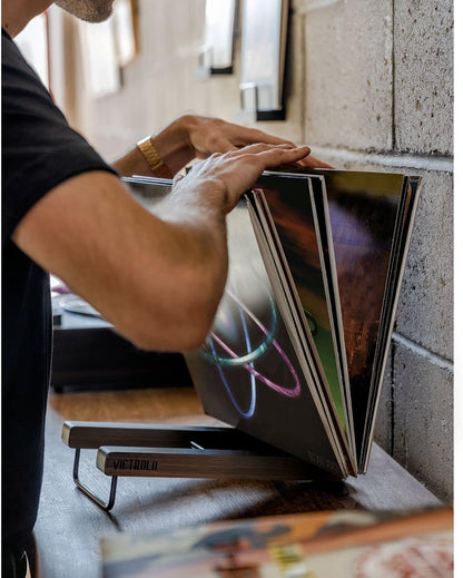 the Stand – Tabletop Vinyl Record Holder & Organizer - Holds 25+ Records, Smart Black Metal Accents, Easy No-Tool Assembly, Stylish Display for Lps (Espresso)
