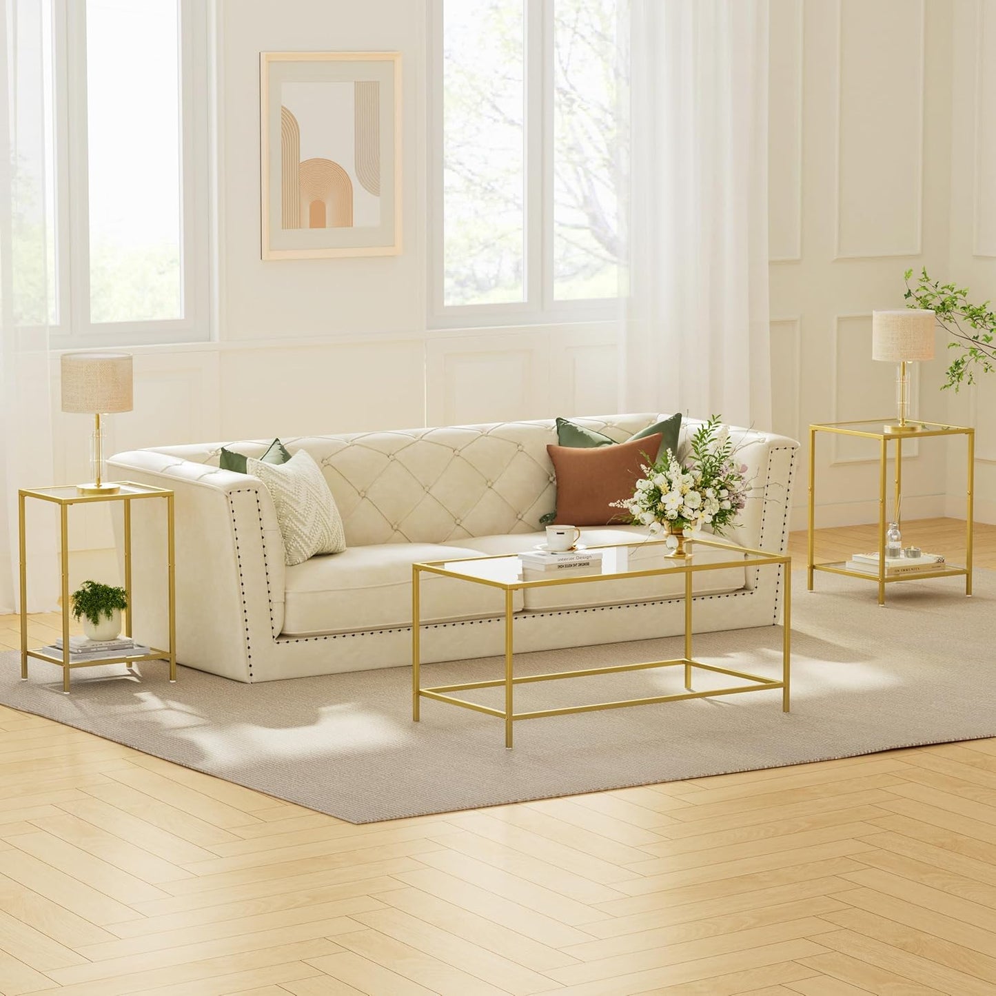 Glass Coffee Table, Modern Rectangular Coffee Table for Living Room, Minimalist Center Tea Table with Sturdy Metal Frame for Apartment, Office, Easy Assembly, 39.4 X 19.7 X 17.7 Inches, Golden