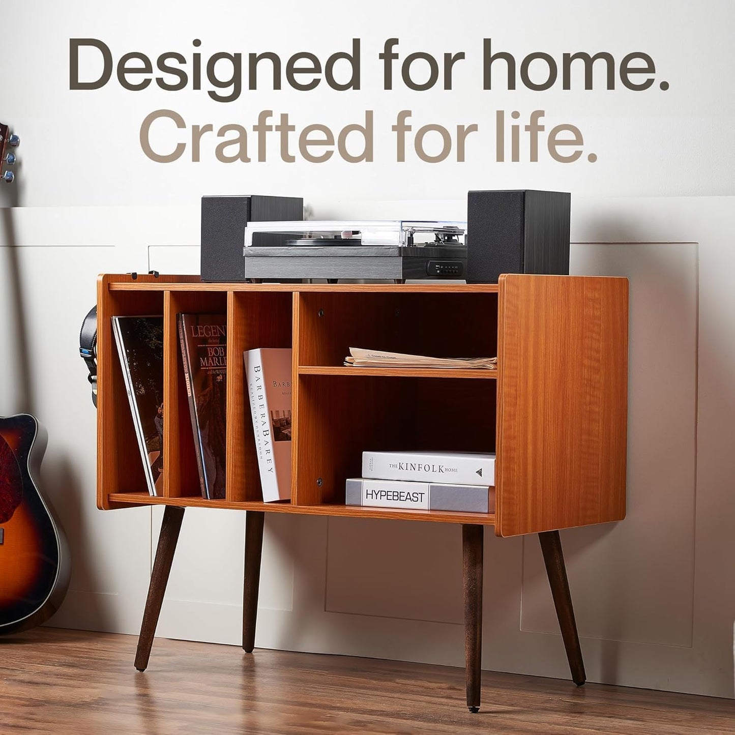 Record Player Stand with Vinyl Storage – Turntable Table with Shelves and Backboard – Walnut Wood Frame Vinyl Record Storage with Headphone Hook – Compact Audio Stand with Stabilizers