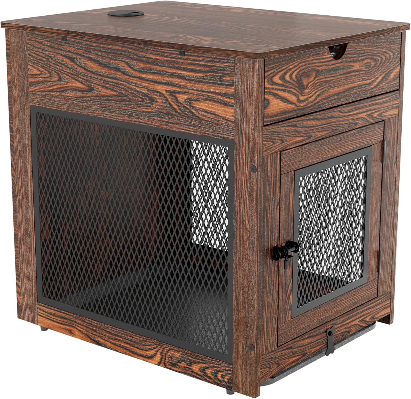 Dog Crate Furniture,Wooden Dog Crate End Table with Storage Drawer&Cushion&Tray, QC3.0 Wireless Charging,Dual Usb,Medium Dogs Rustic Style