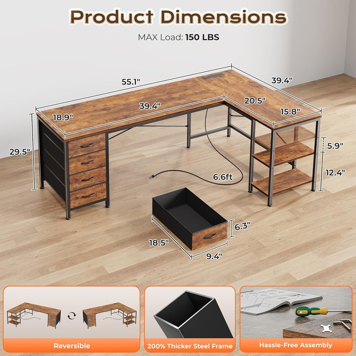 55 Inch L Shaped Desk with Fabric Drawers, Reversible Computer Gaming Desk with Power Outlets and USB-C Port, Adjustable Side Storage Shelves, for Work Study Corner Home Office, Rustic Brown
