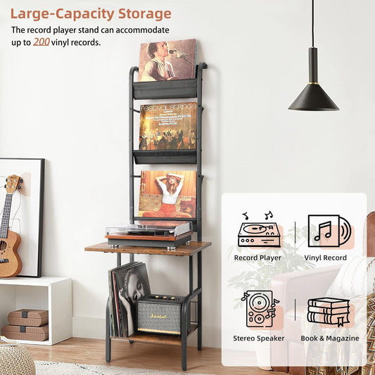 Record Player Stand with Vinyl Storage, Record Player Table with Vinyl Record Storage up to 200 Albums, Turntable Stand with Record Holder Display Shelf, Record Player Cabinet Organizer Rack