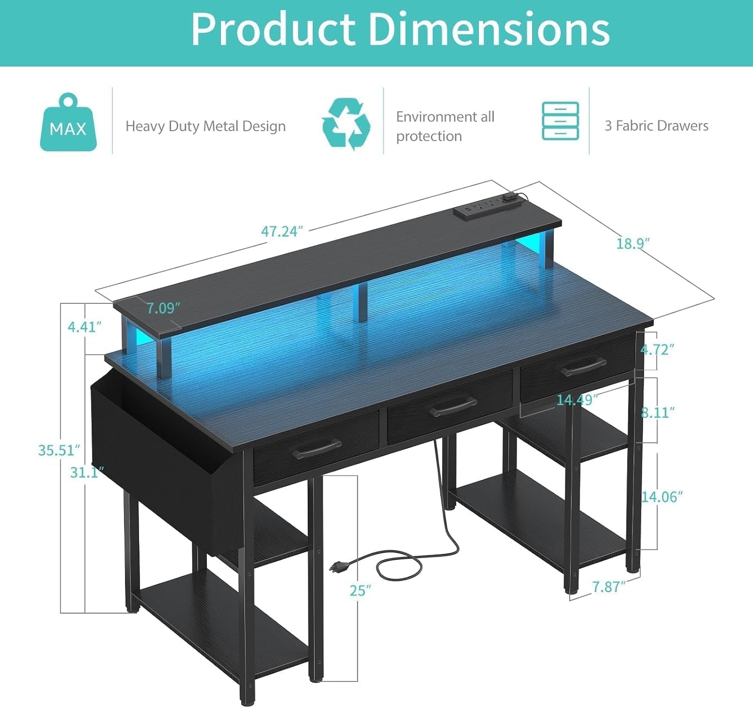 Gaming Desk with Led Lights and Power Outlets, 47 Inch Home Office Desk with Monitor Stand & Shelves, Writing Study Computer Desks with Fabric Drawers for Bedroom, Black