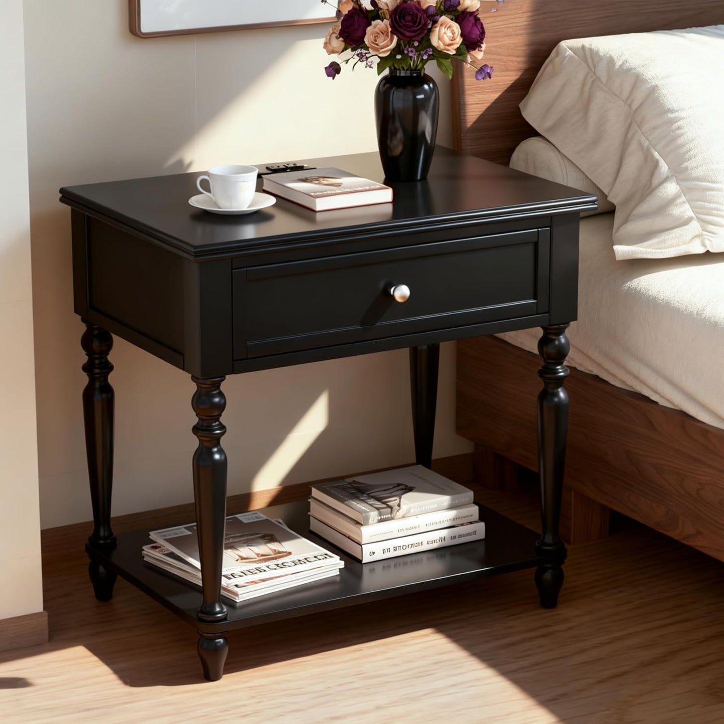 Solid Wood Nightstand with Charging Station, Traditional End Table with Drawers and Open Shelf, Bedside Table with Storage, Modern Side Table for Bedroom Set of 2, Black