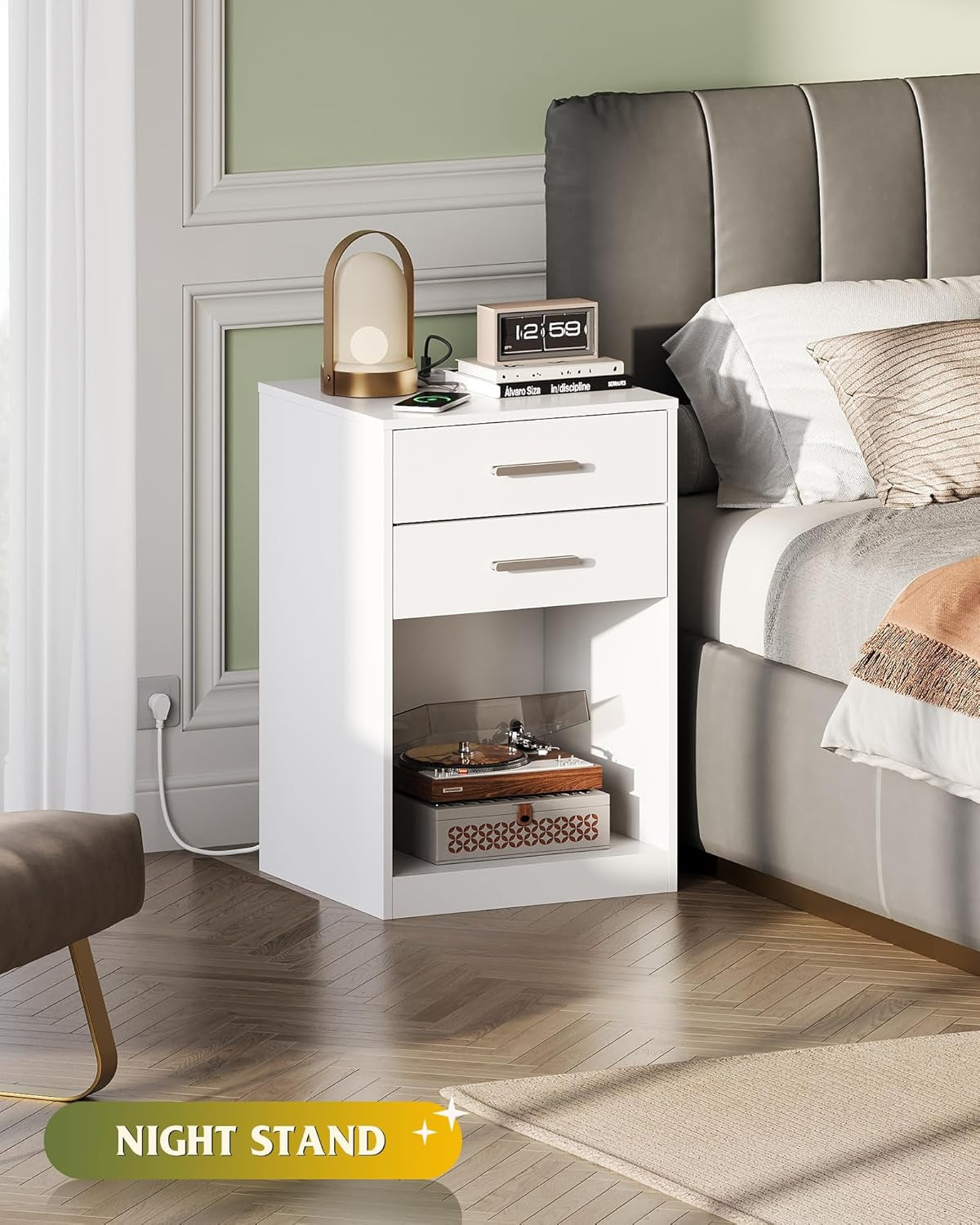 Night Stand Set of 2 with Charging Station, Nightstands with Wood Drawers and Open Shelf, Bed Side Tables Living Room, Bedroom, Modern End Table Set 2, White