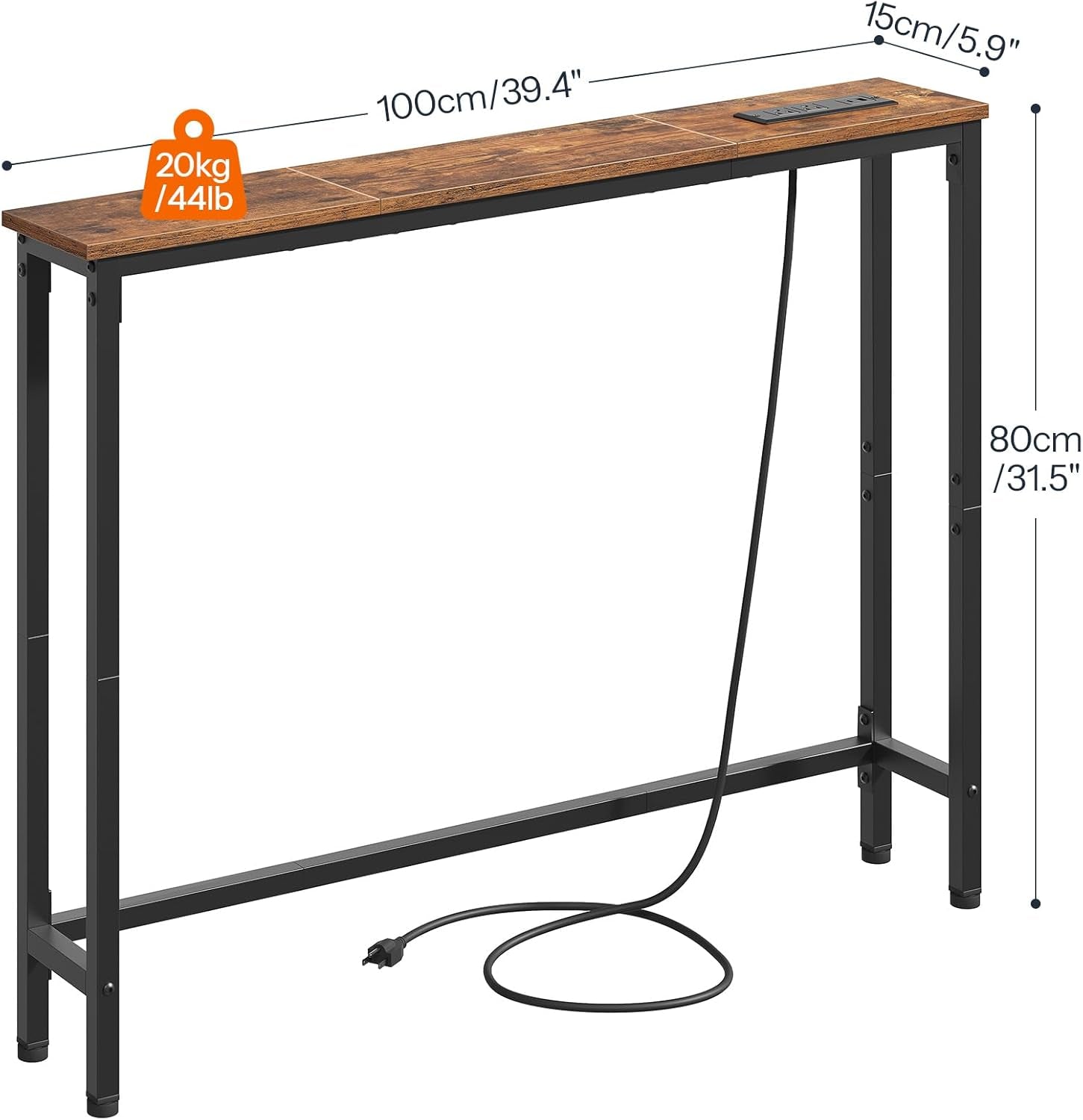 39.4 Inch Narrow Console Table with Power Outlets, 5.9 Inch Skinny Sofa Table behind Couch, Small Entryway Table, Metal Frame, for Living Room, Hallway, Rustic Brown and Black BF52UXG01