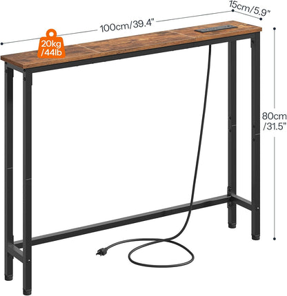 39.4 Inch Narrow Console Table with Power Outlets, 5.9 Inch Skinny Sofa Table behind Couch, Small Entryway Table, Metal Frame, for Living Room, Hallway, Rustic Brown and Black BF52UXG01