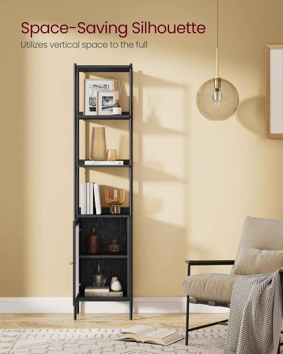 6-Tier Bookcase, Slim Bookshelf with PC Door, Freestanding Storage Shelf with Metal Frame, Adjustable Shelf, for Living Room, Ebony Black and Matte Black ULLS123B56