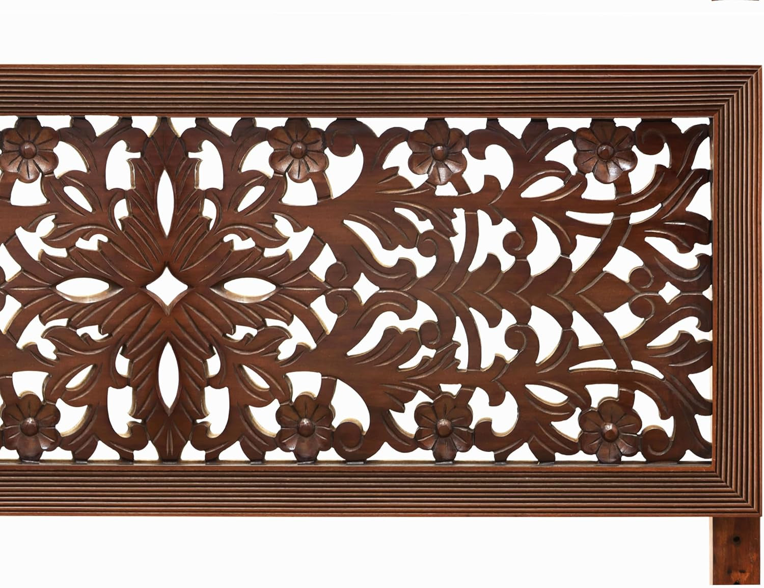 Solid Wood Sturdy Queen Headboard - Compatible with All Bed Frame - Intricate Hand Carved Rajasthan Motif - Bohemian Transitional - Beautiful for Any Bedroom - Rustic Antique Brown