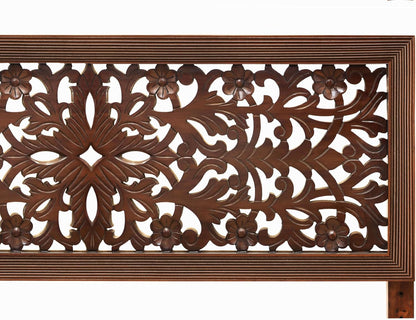 Solid Wood Sturdy Queen Headboard - Compatible with All Bed Frame - Intricate Hand Carved Rajasthan Motif - Bohemian Transitional - Beautiful for Any Bedroom - Rustic Antique Brown