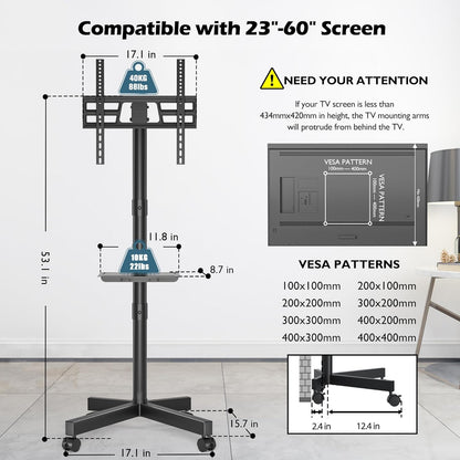 Mobile TV Stand with Tilt Function, Rolling TV Stand for 23-60" LED, LCD, OLED Tvs, Holds up to 88Lbs, Max VESA 400X400Mm, Adjustable Media Shelf (Black, 17.1X15.1X53.1 In)