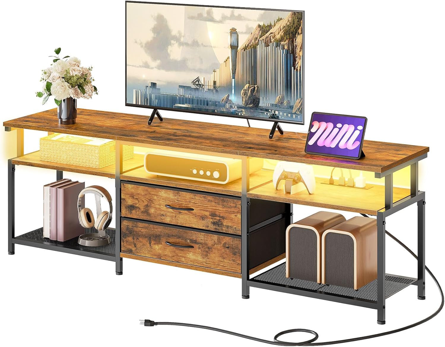 TV Stand with Power Outlet and LED Light, Entertainment Center for Tvs up to 75 Inch, Modern Media Console Table with 2 Non-Woven Drawers, for Living Room, Bedroom, Rustic Brown BF55UDDS01