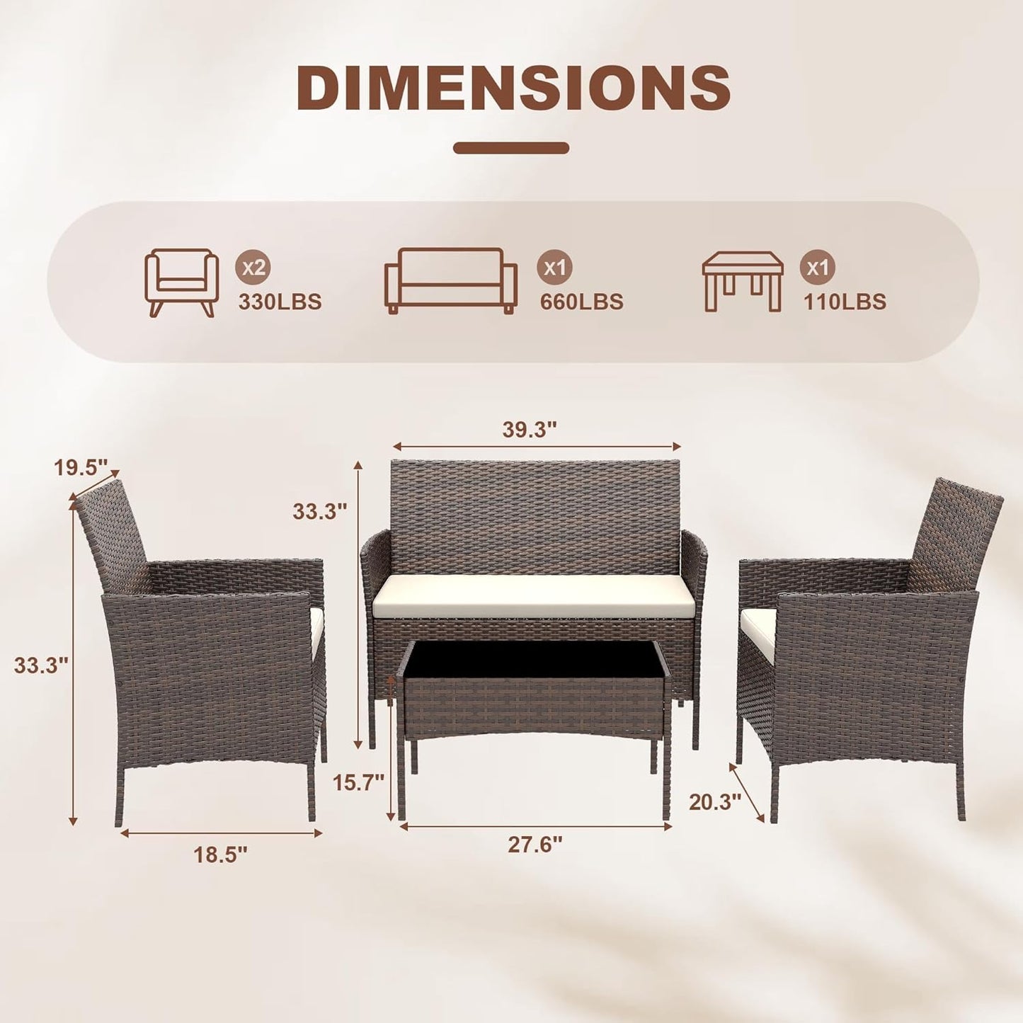 4 Piece Outdoor Patio Furniture Set, All-Weather Wicker Rattan Patio Set with Cushions, Loveseat, Chairs & Coffee Table, Outdoor Furniture for Porch, Backyard & Balcony, Brown