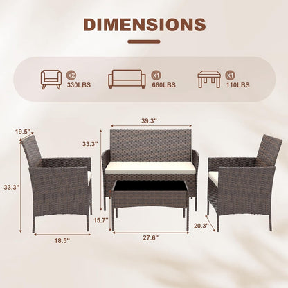4 Piece Outdoor Patio Furniture Set, All-Weather Wicker Rattan Patio Set with Cushions, Loveseat, Chairs & Coffee Table, Outdoor Furniture for Porch, Backyard & Balcony, Brown