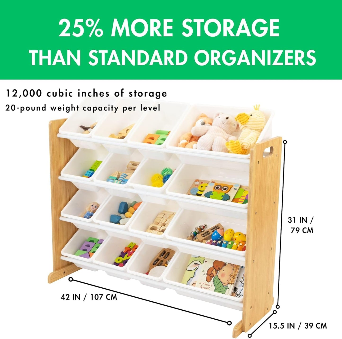 Supersized Toy Storage Organizer with 16 Removable Bins, Natural/White – Large Toy Storage for Toddlers Ideal for Kids' Rooms, Playrooms, and Nurseries - Modern Toy Bins for Kids