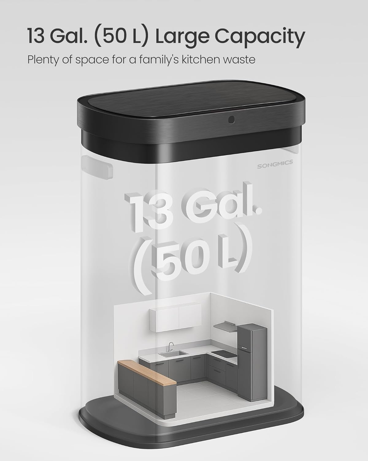 Motion Sensor Trash Can, 13-Gallon (50 L) Automatic Garbage Can with Soft Close Lid, Stainless Steel, Wave or Touch to Open, Includes 15 Bags, Ink Black ULTB640B01