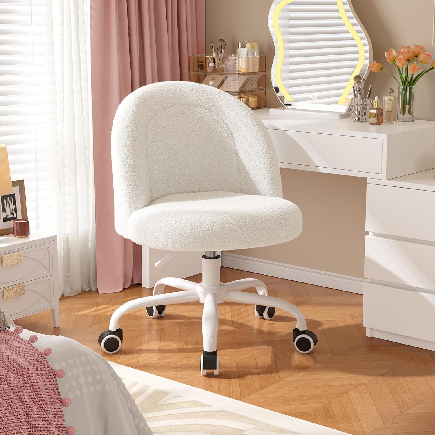 White Vanity Chair with Back, Cute Desk Chair with Wheels, Armless Office Chair Height Adjustable, Soft Lumbar Support for Small Space, Bedroom
