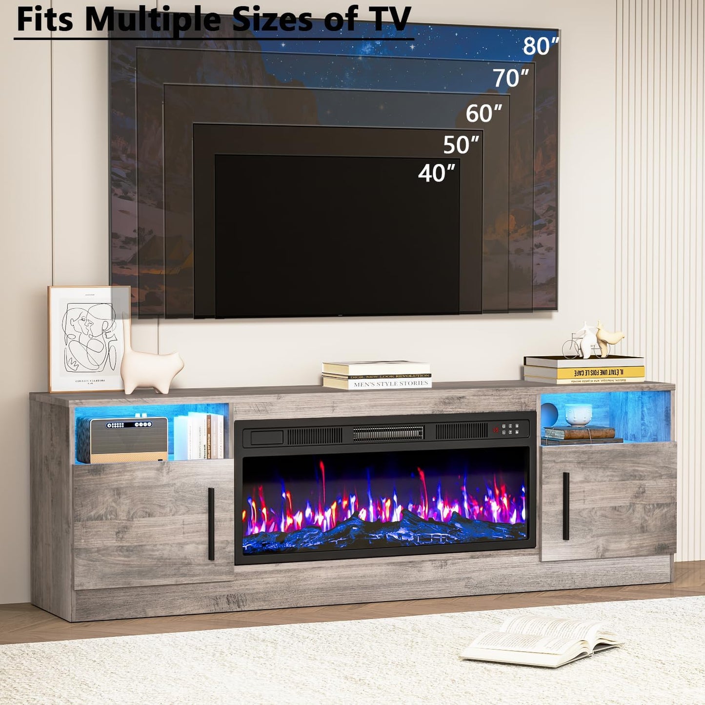 Fireplace TV Stand with 36" Fireplace up to 80" Tvs,70" Entertainment Center with LED Lights,Remote Control,Tv Media Console with Storage Cabinets for Living Room, Gray