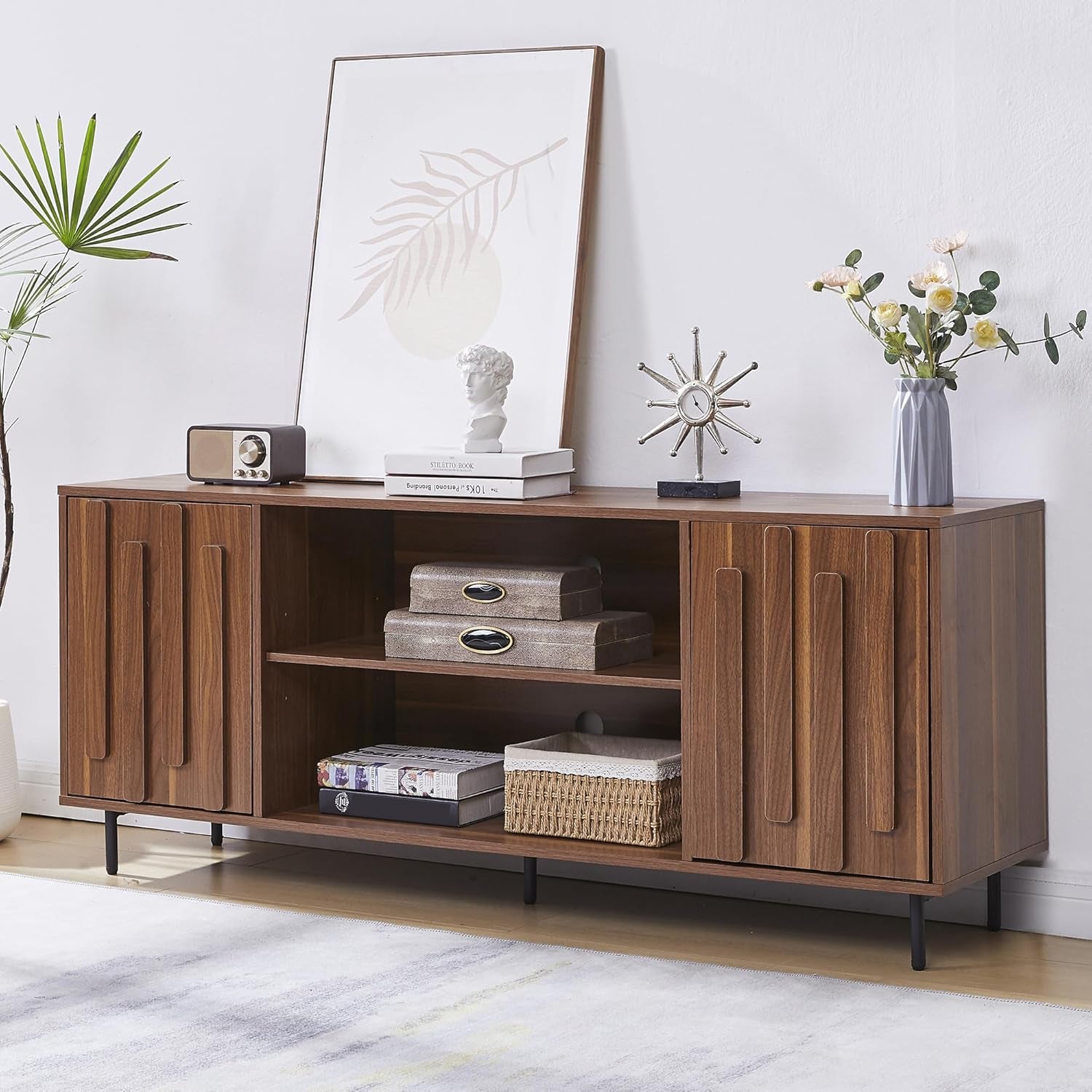 TV Stand for 65" 60" Tvs, Mid-Century Modern TV Stands for Living Room, Fluted Entertainment Center with Storage Cabinet & Open Shelf, Wood TV Console Media Cabinet, Walnut