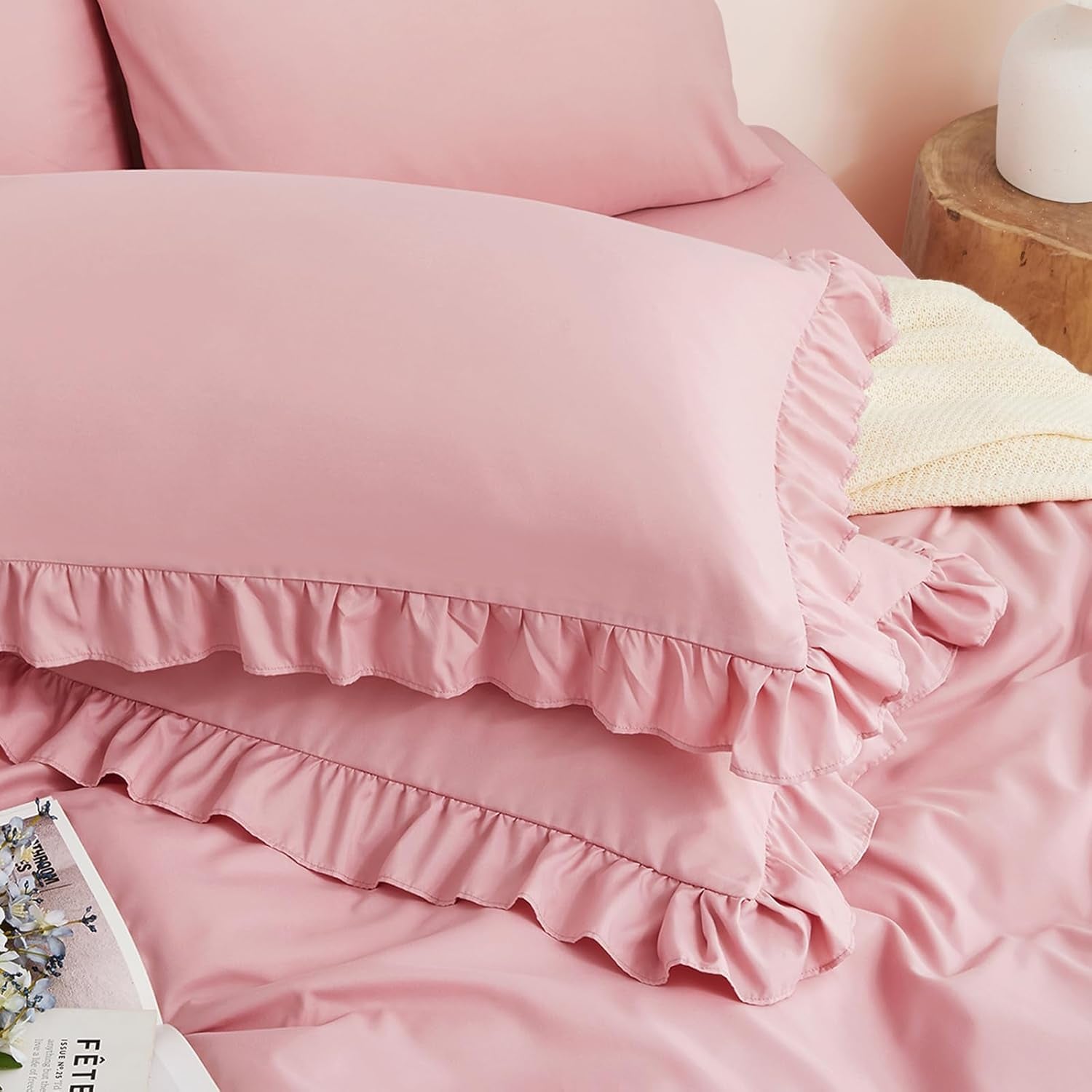 2 Pack Pink Ruffle Pillowcases King Size, 20" X 36" Ruffle Pillow Covers Ultra Soft Microfiber Ruffled Fringe Pillow Shams, Shabby Chic Pillow Cases
