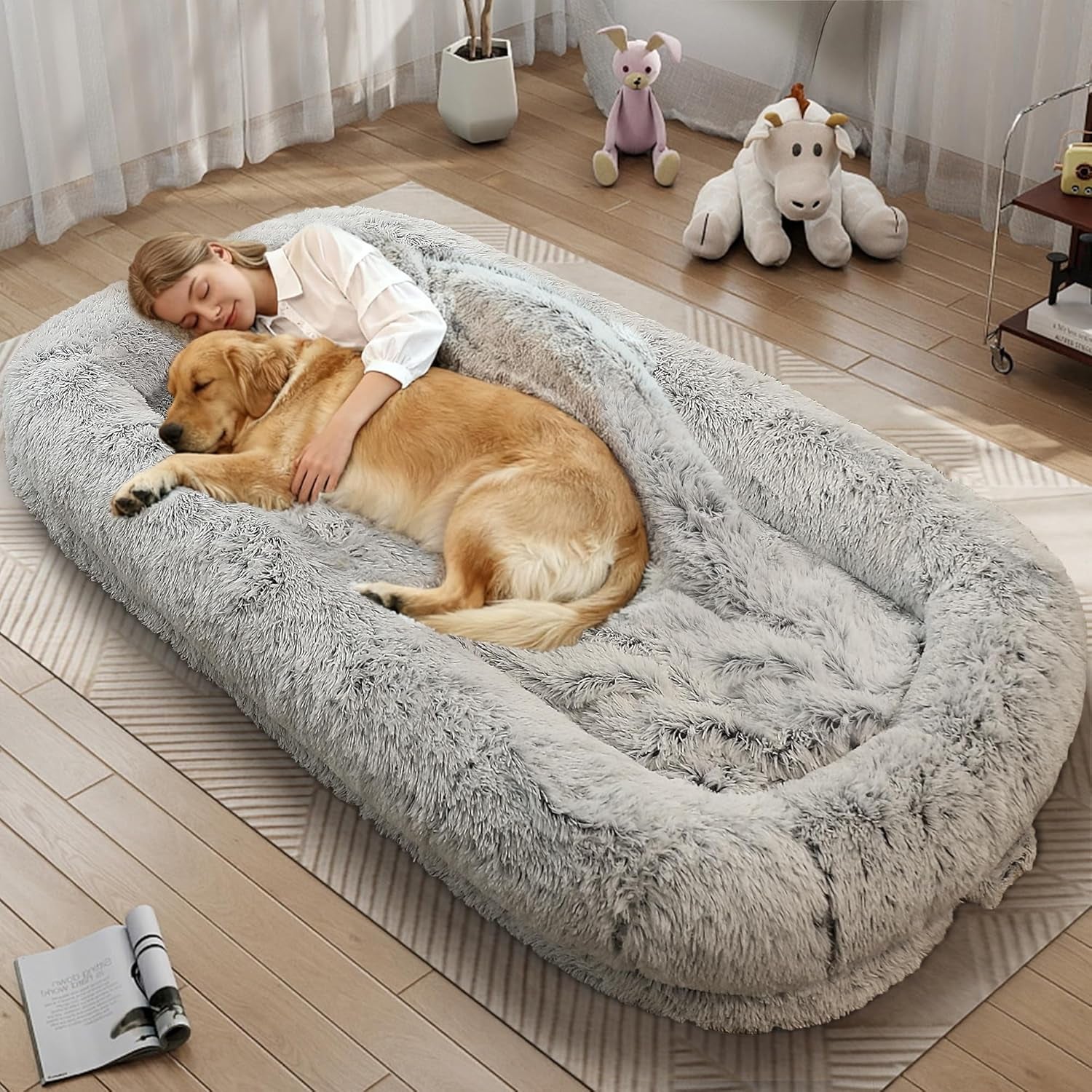 Human Dog Bed for Adults, 46 X 10 X 76 Long Human Size Dog Bed, Removable Cover, Orthopedic Design, Light Grey