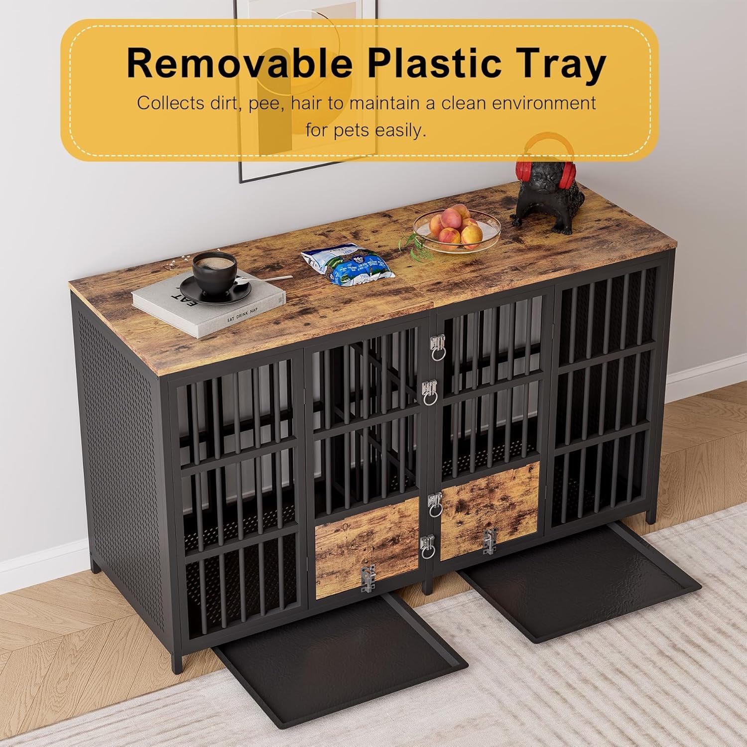 Large Dog Crate Furniture, 63 Inch Heavy Duty Double Dog Crate with Removable Divider, Extra Large Dog Kennel Furniture TV Stand Withtrays for 2 Large Dogs