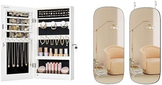 Mirror Jewelry Cabinet Armoire with Built-In LED Lights and Mirror, Arched Wall Mirror Full Length, UJJC050W01 and ULFM010B01