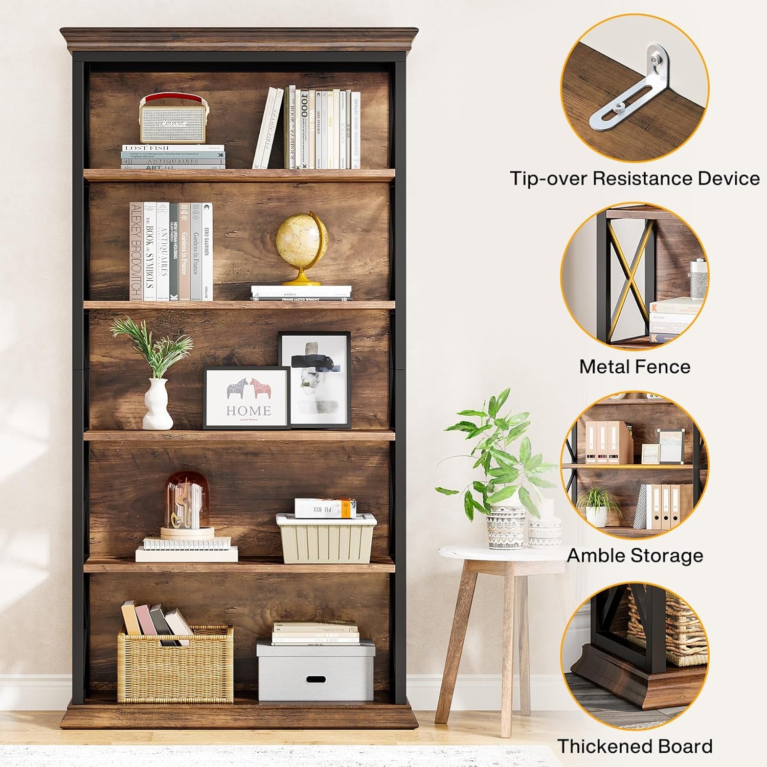 6-Tier Bookcase, 71 Inches Industrial Bookshelves and Bookcases, Floor Standing 5 Shelf Display Storage Shelves Tall Bookcase for Home Office, Living Room, Bed Room, Brown and Black