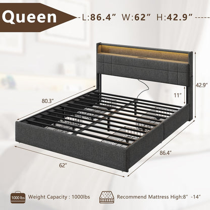 Queen Bed Frame with 4 Drawers and Storage Headboard, Grey Upholstered Platform Bed Frame Queen Size with Charging Station and LED Lights, Metal Slats Support, No Box Spring Needed
