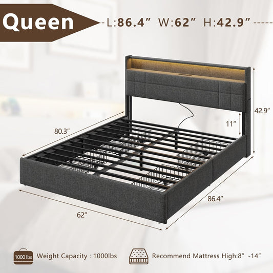 Queen Bed Frame with 4 Drawers and Storage Headboard, Grey Upholstered Platform Bed Frame Queen Size with Charging Station and LED Lights, Metal Slats Support, No Box Spring Needed