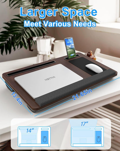 Laptop Lap Desk, Portable Large Laptop Desk for Bed, up to 17 in Lap Table with Wrist Rest, Mouse Pad, Tablet Phone Slot, Portable Handle, Lap Tray with Cushion (Dark Brown)