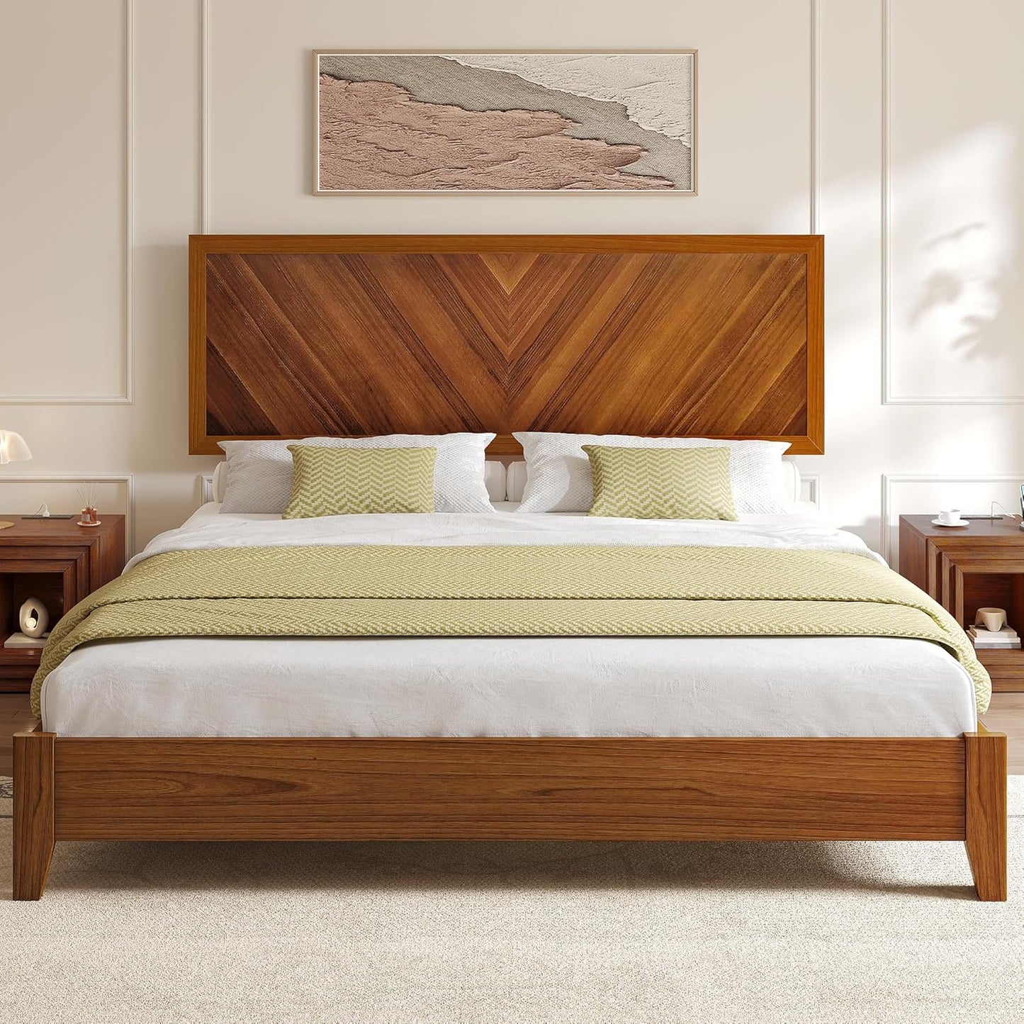 King Size Bed Frame with Adjustable Headboard, Farmhouse Wood Bed Frame with Solid Wood Slats Support, No Box Spring Needed, 12 Strong Wood Slat Support, Easy Assembly, Rustic Brown